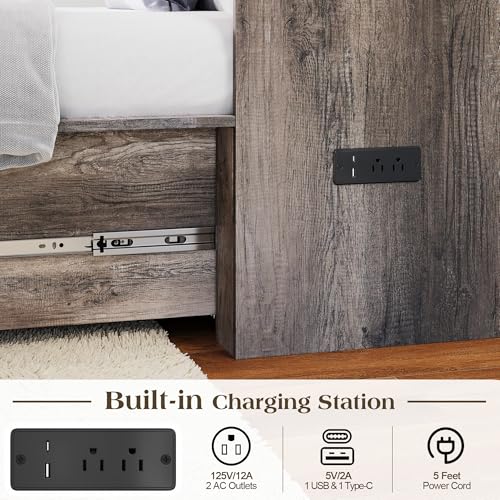 Image of LUXOAK Twin Murphy Bed with 6 inch Tri-Fold Memory Foam Mattress, Storage Drawer & Charging Station, Space-Saving Design for Home Office or Guest Room, Rustic Grey