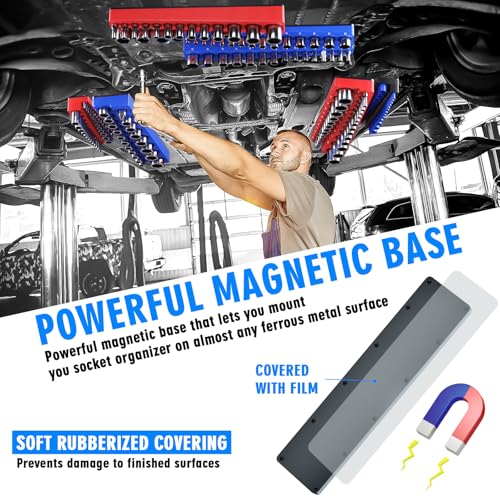 Image of Magnetic Socket Organizer Set, 6-Piece Socket Holder Trays for 1 /4 inch 3 /8 inch 1 /2 inch Drive, Holds up to 143 Sockets, Compatible with Metric and SAE Sizes (Blue & Red)