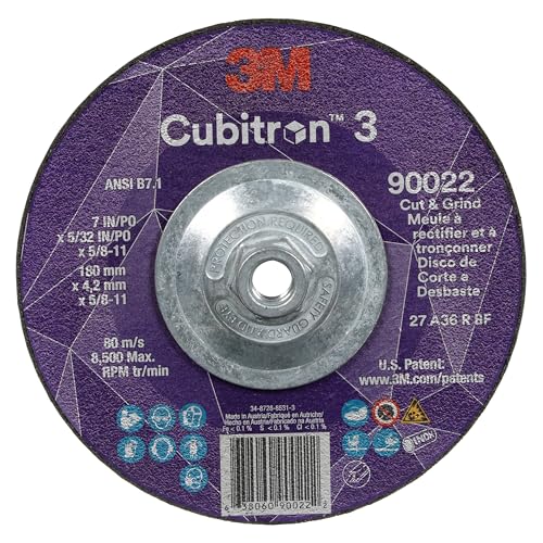 Image of 3M Cubitron 3 Cut and Grind Wheel, 90022, 36+, T27, 7 in x 5 /32 in x 5 /8 in-11, Pack of 10, ANSI, Longer Life, Faster Cut, Back-Gouging, Fillet Weld Removal, Cutting, Grinding