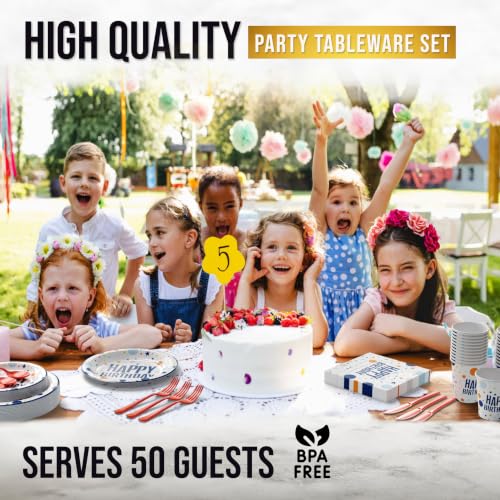 Image of Exquisite 350 Pcs Blue Happy Birthday Plates and Napkins Set, Blue Birthday Plates Set, 50 Of Each 9 inch Dinner Plate, 7 inch Dessert Plate, 12 oz Cups, Napkins & Cutlery Plastic Dinnerware Set Set