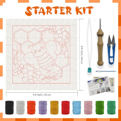 Image of BEUNITONE 2 Sets DIY Punch Needle Kits for Beginners,Bee Pre-Printed Pattern,Embroidery Punch Needle Starter Kits for Adults,Includes Pre-Printed Cloth,Yarns,Hoops,Threader and Instructions