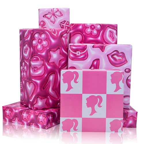 Vnaaem 3D Effect Girl Birthday Wrapping Paper 8 Pc Pink Princess Design Gift Wrap Paper for Girls Birthday DIY Craft Party Wedding Baby Shower Holiday 19.6 X27.8Inch