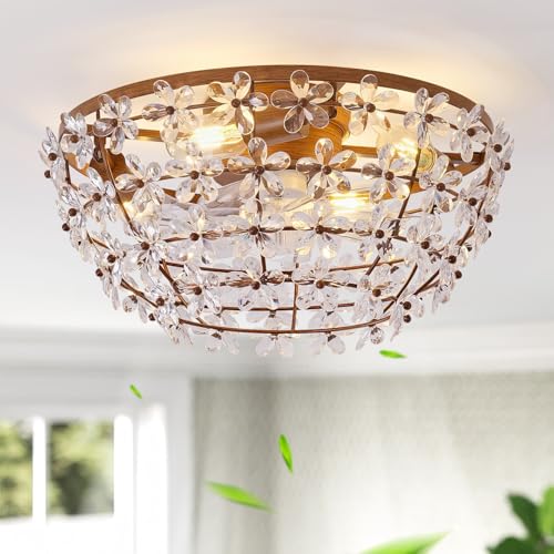 Image of 18 inch Flower Fandelier Ceiling Fan with Light, Crystal Flush Mount Ceiling Fan with Light and Remote, Mid Century Caged for Bedroom, Nursery, Living Room