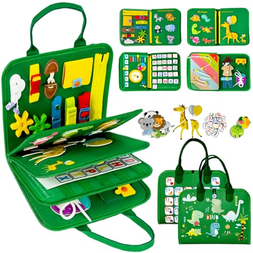 Image of Qizfun Busy Board Book Montessori Toys for 1 2 3 4 Year Old, Boy Girl Birthday Gifts, Educational Sensory Learning Toys for Toddlers 1-3, Car Airplane Travel Activities Toys for Kids Ages 2-4 Year Old