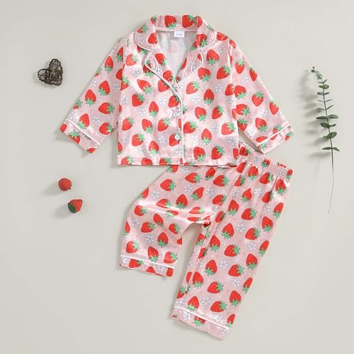 Kids Girls Pajamas Baby Short/Long Sleeve Lapel Button Down Tops Pants Satin Sleepwear Silk Fall Spring Loungewear (Y Strawberry Pink, 2-3 Years)2