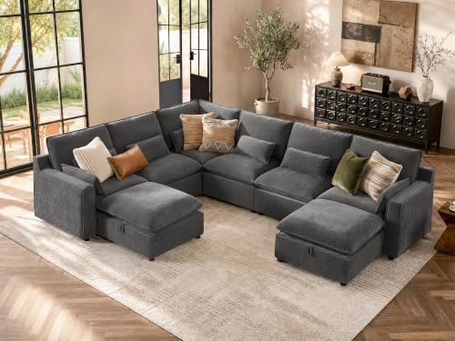 Image of WorthFurni Modern Modular Sectional Sofa,137 inch V Shape Sectional Cloud Couch with Storage Ottoman,Comfty 8 Seat Sofa for Living Room,Grey Chenille