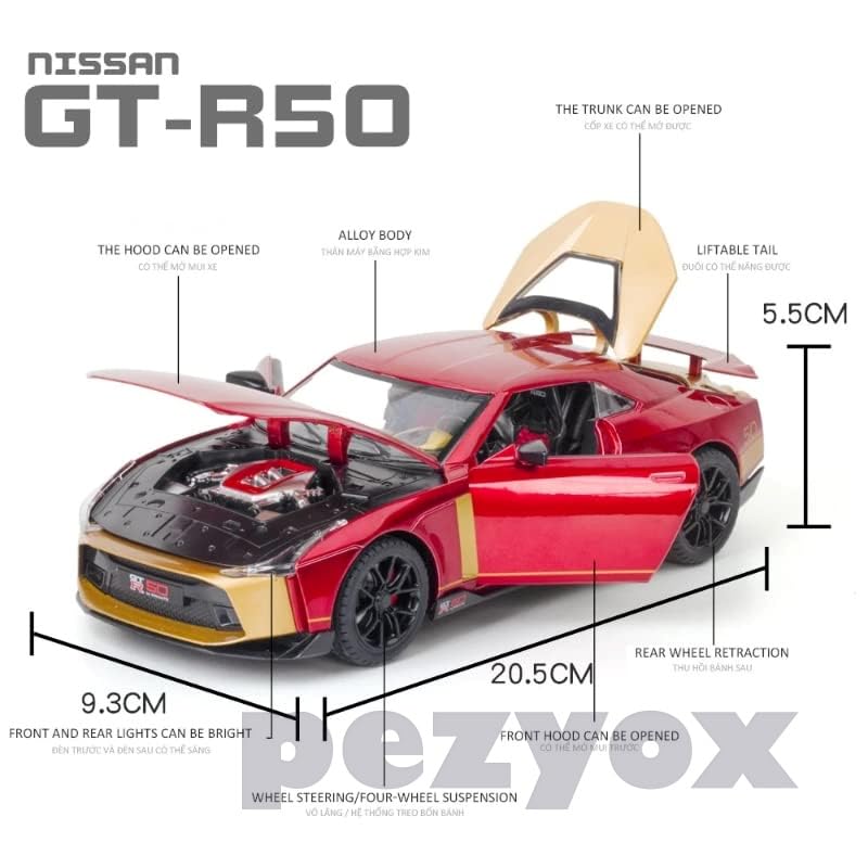 Image of Diecast GT R-50Toy Car 1:24 Scale Model,Pull Back Vehicles Alloy Simulation Supercar with Lights and Sound Also for Car Dashboard,Kids,Adult (Red)