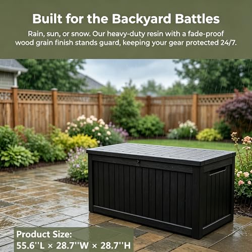 Image of 198 Gallon Resin Deck Box - Finally, a Lockable Outdoor Storage That Fits Everything (Cushions, Tools, Pool Gear & BBQ) - Weatherproof Wood Grain Design for Patio, Garden, Office, Home Indoor Outdoor