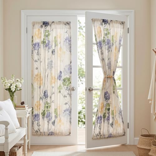 Image of MYSKY HOME Floral Linen French Door Curtains 72 inch Long 2 Panels for Front Door Light Filtering Privacy Semi Sheer Window Curtains with Rod Pocket, Sage Green, 24 inch W Each Panel