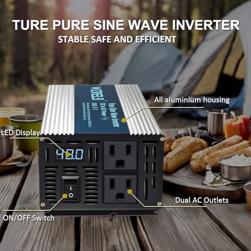 Image of WZRELB 600W Pure Sine Wave Inverter 12V DC to 110V 120V AC Power Converter with LED Display, Remote Controller, Off-Grid Power Inverter 1200W Surge for Home, RV, Truck, Camping