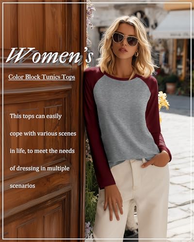 Huukeay 3 Pack Women's Long Sleeve Shirts, Raglan Color Block Baseball Tees, Crew Neck Casual Jersey Tunics Tops4