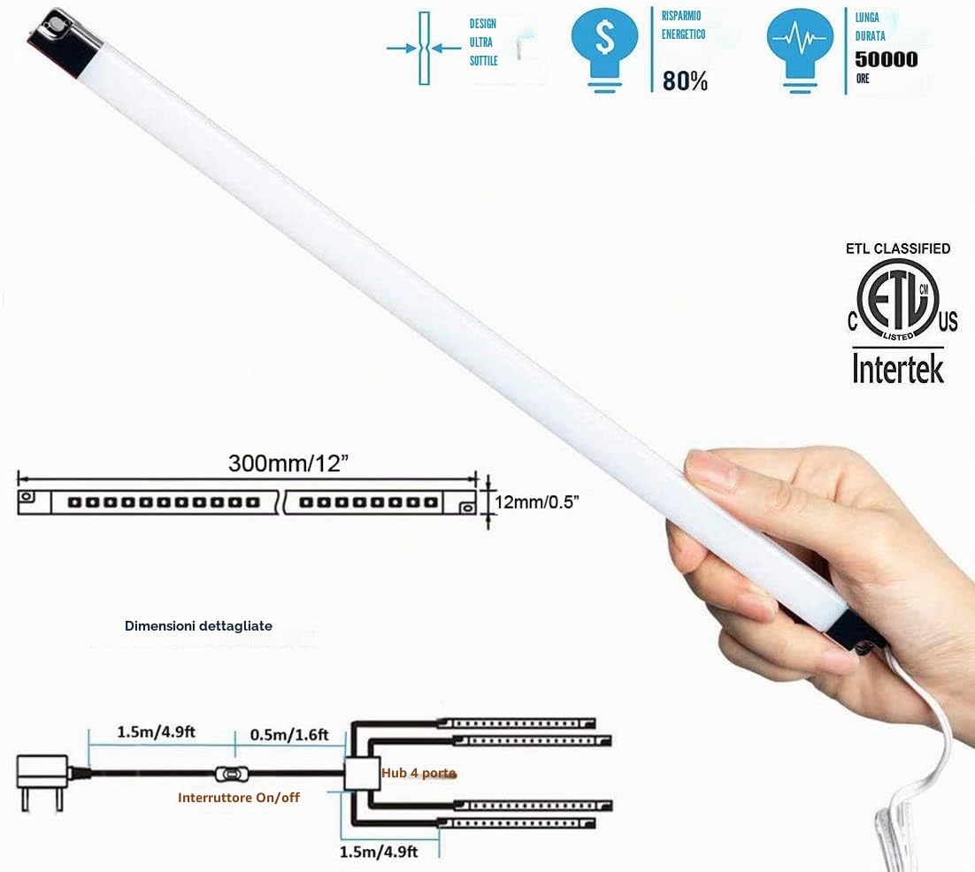 Cefrank 4 Barre LED Sottili per Sottopensile o Vetrine, 3000K Bianco Caldo, Super Sottili, Montaggio Semplici (Nastro o Viti), Illuminazione Intensa per Cucina & Casa
