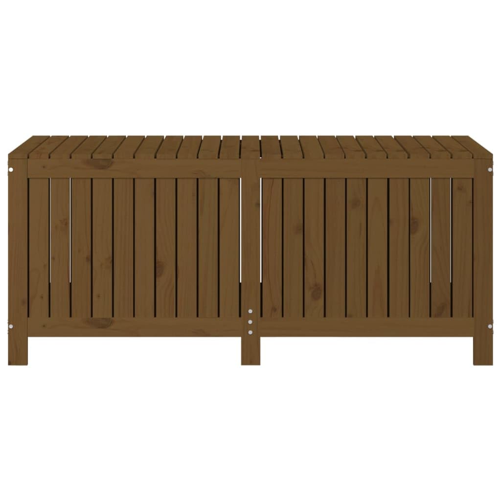 Coffre de jardin marron miel 147 x 68 x 64 cm en pin massif avec vérin à gaz, beaucoup d'espace de rangement pour coussins, jouets et outils de jardin sur la terrasse et le jardin