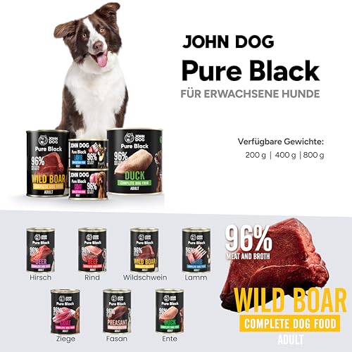 JOHN DOG Hundenassfutter Pure Black Wild - Premium Getreidefreies Hundefutter mit 96% Fleisch - Monoprotein Nassfutter für ausgewachsene Hunde 6 x 800g