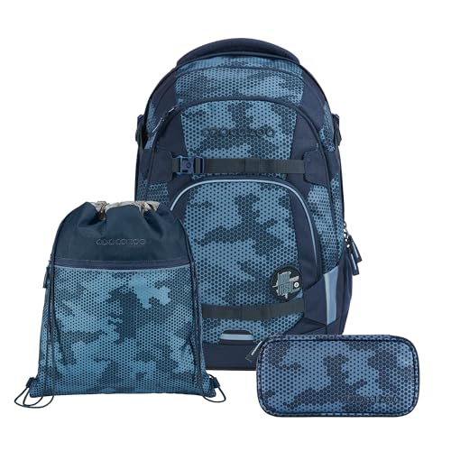 coocazoo Schulrucksack-Set Mate „Geometric Sky“, 3-teilig, blau, ergonomischer 30L Tornister, höhenverstellbar mit Brust- und Hüftgurt für Kinder ab der 5. Klasse, inkl. Federmäppchen und Turnbeutel