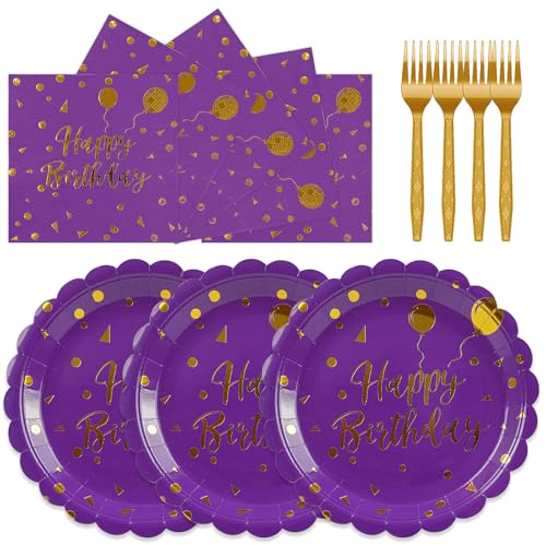 75PCS Happy Birthday Paper Plates and Napkins Set - 7 Inch Birthday Cake Plates Scalloped Black and Gold Dessert Plate and 6.5 Inch Napkins Disposable Tableware Birthday's Party Supplies Dec