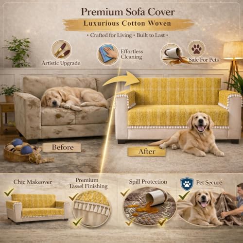 Image of STITCHNEST Woven Fabric Sofa Cover 3 Seater with 2 Hand Rest Covers - Washable Brown Sofa Cover with Tassels - Durable Premium Fabric - Stylish Sofa Protector for Living Room & Furniture Decor 4