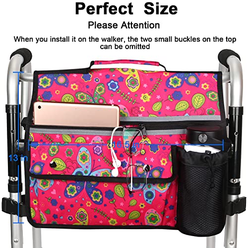 Wheelchair Storage Bag, Double-Sided Armrest Pouch with Cup Holder and Reflective Strip, for Wheelchairs and Walkers (Red Butterfly) - Image 2