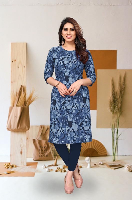 Image of JAKHANA Women's Crepe Printed Casual Straight Calf Length Round Nick Kurta Pack of 4