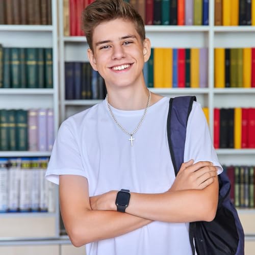 IEFLIFE Cross Necklaces Gifts for Men Him - Silver Figaro Chain Stainless Steel Cross Necklace Jewelry, Anniversary Birthday Gift for Dad Husband Brother Son Grandson Gift4