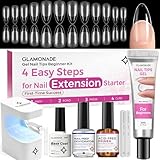 Glamonade Nail Extension Starter Kit: Gel Tips Set 4-Step Easy for Beginners - Medium Almond Tips 504Pcs Full Prep with Everything - Base Coat Non-Strick Gel Glue 6-Led UV Lamp DIY at Home