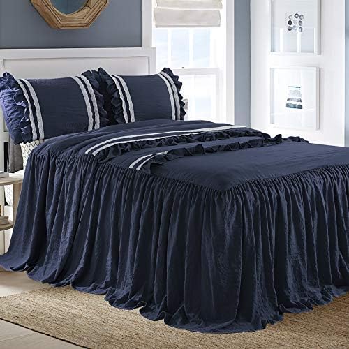HIG 2 Piece Ruffle Skirt Bedspread Set Twin-Navy Color 30 inches Drop Ruffled Style Bed Skirt Coverlets Bedspreads Dust Ruffles- Emma Bedding Collections Twin Size-1 Bedspread, 1 Standard Sham