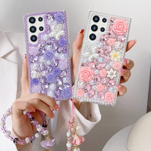 Image of Changjia for Samsung Galaxy S24 Ultra Glitter Bling Case,Cute Luxury 3D Sparkle Crystal Rhinestone Flower Diamond Pearl with Lanyard Wrist Strap Women Girls Case for Galaxy S24 Ultra 6.8 Inch (Purple)