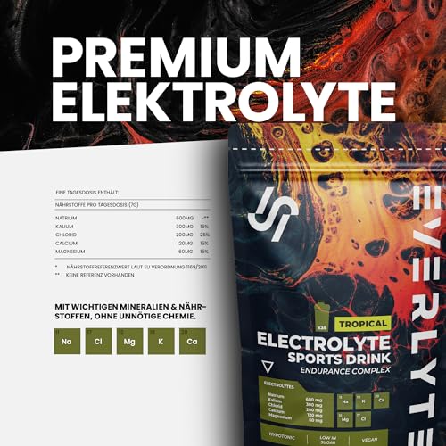 EVERLYTE Tropical Elektrolyte Pulver mit Natrium, Kalium, Calcium, Magnesium & Chlorid für optimale Hydration / 35 Anwendungen kalorienarmes Sport Getränkepulver/natürlich, vegan, zuckerarm