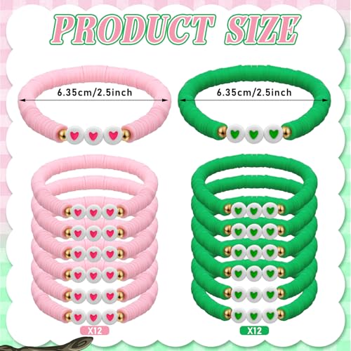 24 Pcs Pink Green Witch Party Favors Gifts Bracelets Polymer Clay Beaded Friendship Bracelets for Witch Party (Heart Style)2