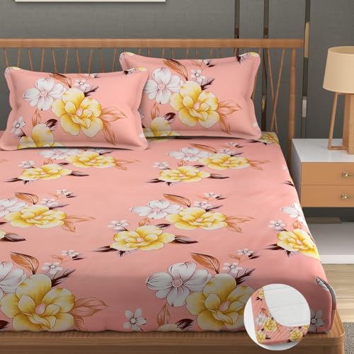 Image of Premium Heavy Cotton Elastic Fitted Bedsheets with 2 King Size Pillow Covers || Double Bed with All Around Elastic 350 TC || 72 x 72 x 10 Inch Queen Size Fitted || - Baby Pink Flower