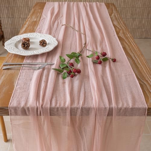 Image of 2Pcs Dusty Pink Cheesecloth Table Runner 120 Inches for Party Home Decor | Ideal for wedding baby shower bridal shower birthday engagement party,or adding rustic boho charm to daily home.