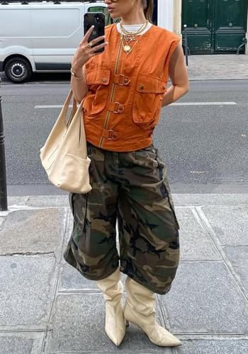 Image of Women's Barrel Camo Pants High Waisted Wide Leg Peated Palazzo Camouflage Capris Baggy Y2k Army Fatigue Trousers