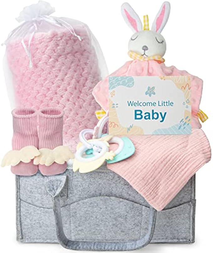 Baby Shower Gifts, Newborn Baby Girls Gift Set, Practical Baby Gift Basket Essential with Diaper Caddy Organizer, Newborn Soft Security Blanket, Baby Bibs & Socks, Rattle Toy & Greeting Card, Pink
