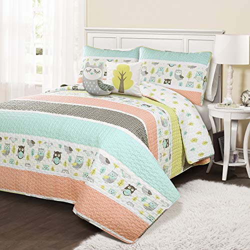 Lush Decor, Coral & Turquoise Owl Stripe 5 Piece Quilt Set, Full/Queen