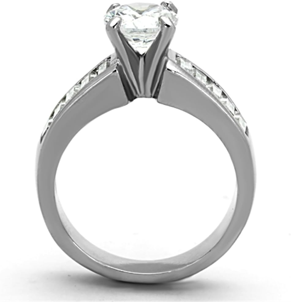 Marimor Jewelry 2.97 Carat Round Cut and Baguettes Cubic Zirconia Stainless Steel Engagement Ring Women's Size 5-10