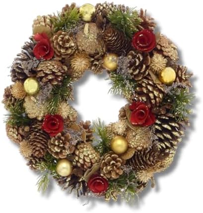 Guirlanda Natalina Pinhas e Flores Vermelho Dourado 34 cm Luxo En...