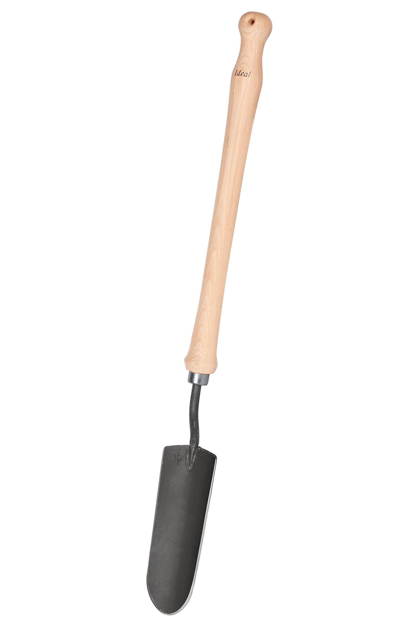 IDEAL-Handschaufel schmal | geschmiedetes, spezialgehärtetes Stahlblatt mit scharf angeschliffener Schneide, handgefertigt in Deutschland, Buchenholzstiel 40 cm mit Aufhängebohrung,