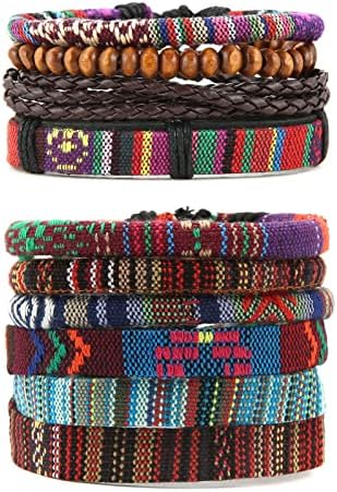 HZMAN 2Pcs Handmade Braided Leather Bracelet for Men Women Bohemian Ethnic Tribal Multilayer Hemp Rope Wristbands Wrap Cuff Bracelet