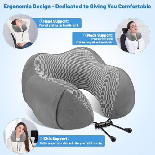 Image of CloudBliss Travel Pillows for Airplane, Memory Foam Neck Pillows for Travel, Compact Neck Pillow for Long Flight, Car & Office, Plane Accessories with Eye Mask, Earplugs, Carry Bag, Black & Dark Grey
