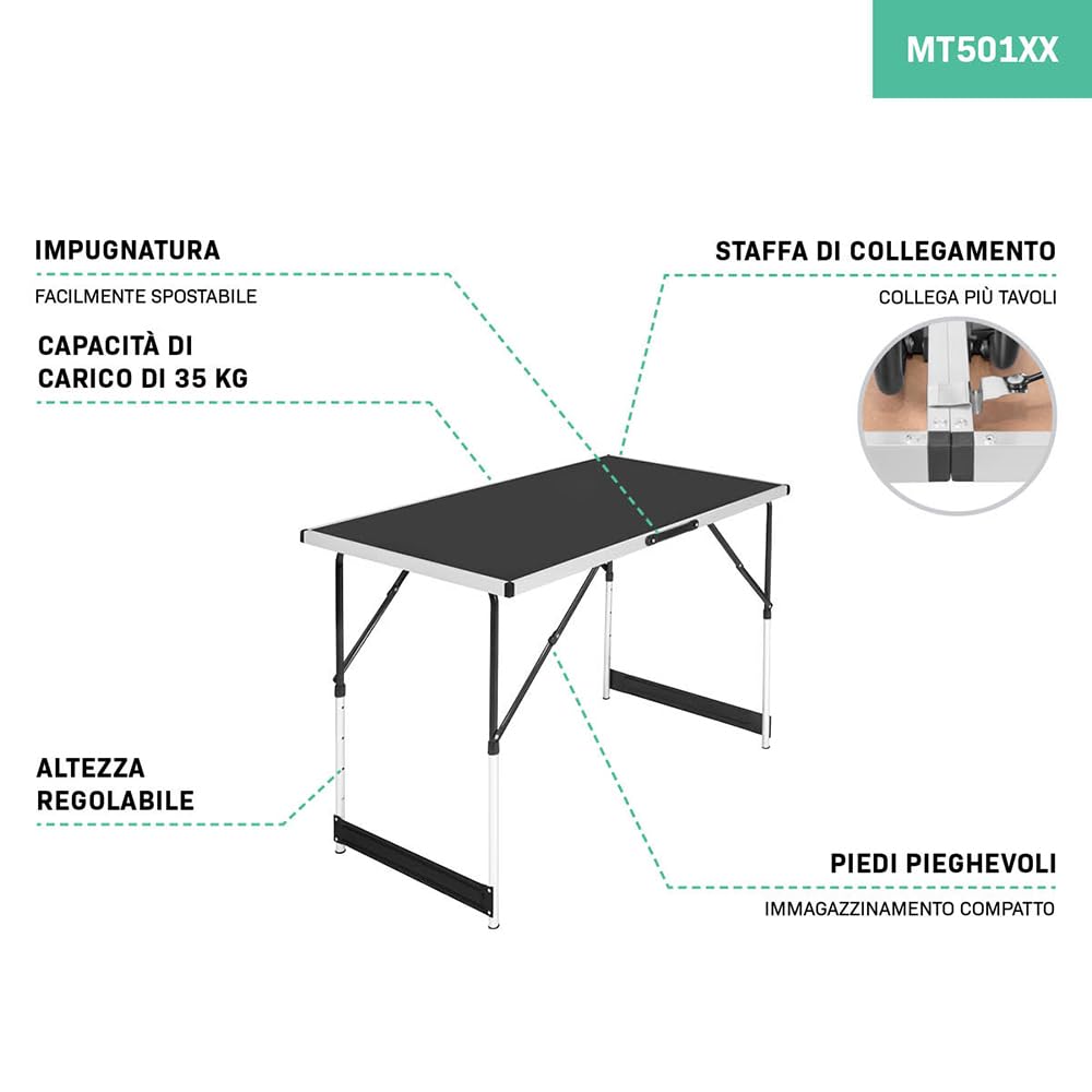 VONROC Tavolo Multifunzionale 100x60 cm, Regolabile in Altezza, Pieghevole, Leggero e Portatile | Uso Interno ed Esterno | Resistente ai Graffi e Intemperie | Con Maniglia per Trasporto
