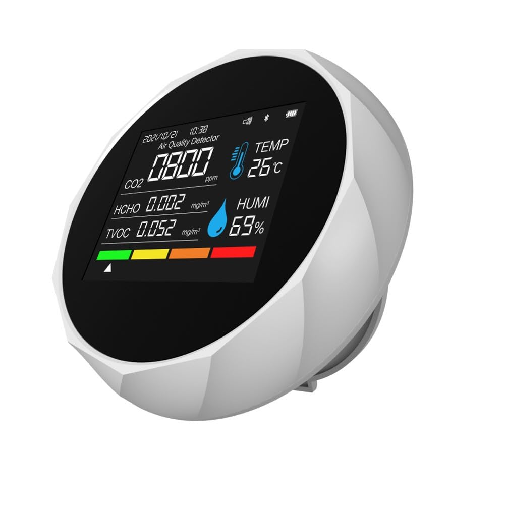 Détecteur de dioxyde de carbone 6 en 1 Moniteur de qualité de l'air avec mesure de la température et de l'humidité TVOC, connectivité smartphone, alertes de couleur et alarme sonore, noir ou
