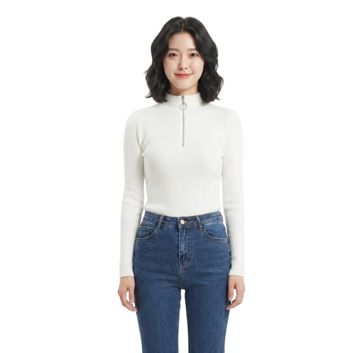 women's fall winter & autumn fashion half high collar zipper styled long sleeved trendy korean style ring zipper solid slim knitted stretchable casual comfortable top|