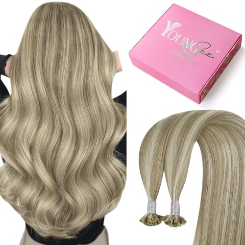 Image of YoungSee K Tips Hair Extensions Real Human Hair Light Brown K Tip Extensions for Women Light Brown Highlight Blonde 22In Straight 50s /50g
