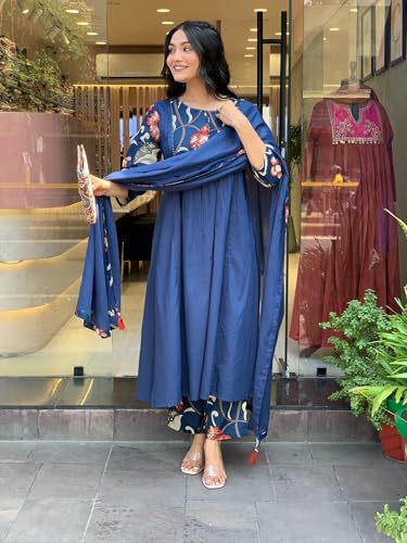 Image of GoSriKi Women's Rayon Viscose Anarkali Printed Kurta with Pant & Dupatta