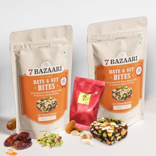 Image of 7 BAZAARI Date & Nut Bites - Dates Sweet with Pistachios, Cashews, Almonds, Honey & Pure Ghee Healthy Dry Fruit Barfi No Added Sugar, Gluten-Free Snack, Natural Energy Bites 10pcs-15g each Pack of 2