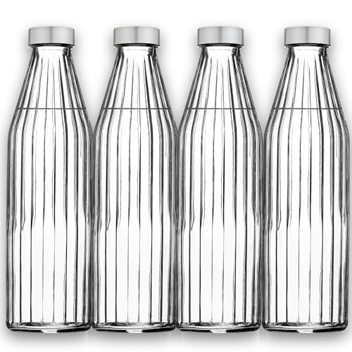 Image of SAND DUNE ClearColour Glass water bottle, 800 ml Each, Set of 4, with Leak-Proof Airtight Stainless-Steel Lid for Water, Smoothie, Juices - Reusable Travel Glass Drinking Fridge Bottles