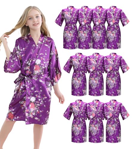 MORFORU 10pcs Girls Kids Silky Satin Daffodils Kimono Robe Sleepwear for Wedding Spa Birthday Party