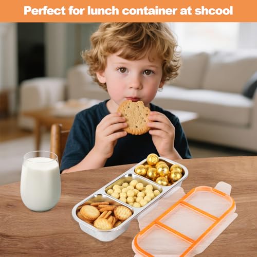 Image of Stainless Steel Snack Containers with Lids, 3 Compartment Leakproof Reusable Snack Box for Nuts, Fruits- Divided Grab & Go Container for School, Office, Travel