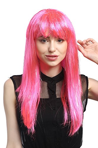 WIG ME UP - XR-003-PC5 Perruque Dames Carnaval Long Lisse Poney Rose + Argent Paillettes mèches 55 cm