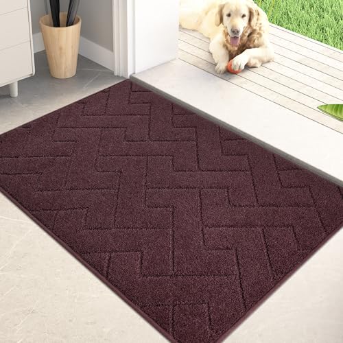 PURRUGS Dirt Trapping Door Mat 24" x 35.5", Non-Slip Machine Washable Entry Rug, Shoe Scraper, Dog Doormat, Super Absorbent Welcome Mat for Front & Back Door, Muddy Wet Shoes & Paws, Burgundy Red